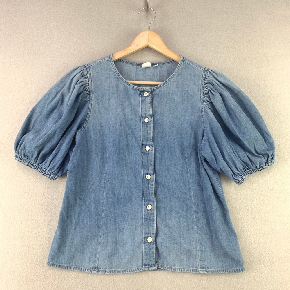 Gap Puff Sleeve Denim Top Women XS Blue Button Front Cotton Blouse Western